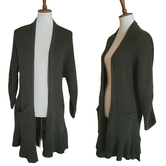 Anthropologie Guinevere Army‎ Green Knitted Ruffle Hem Midi Cardigan - Picture 1 of 6